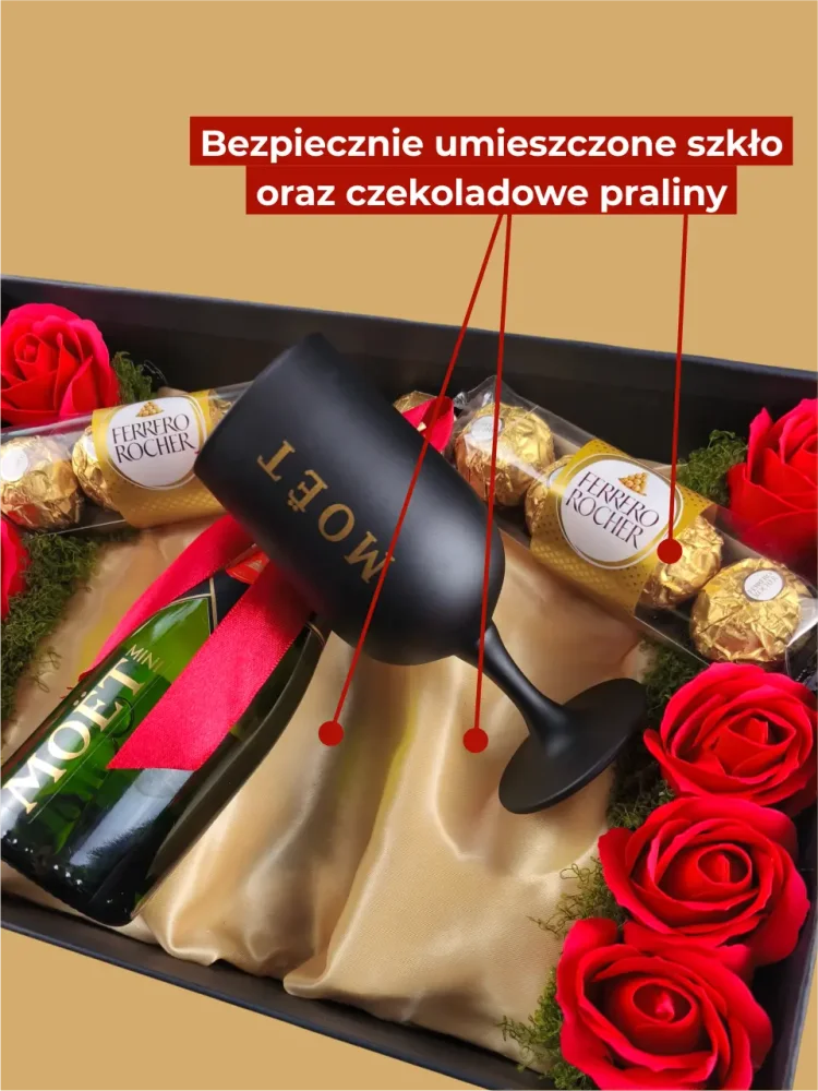 Zestaw prezentowy Moët - butelka + unikatowe kieliszki, z mydlanymi różami i pralinami, w czerwono-złotej kolorystyce