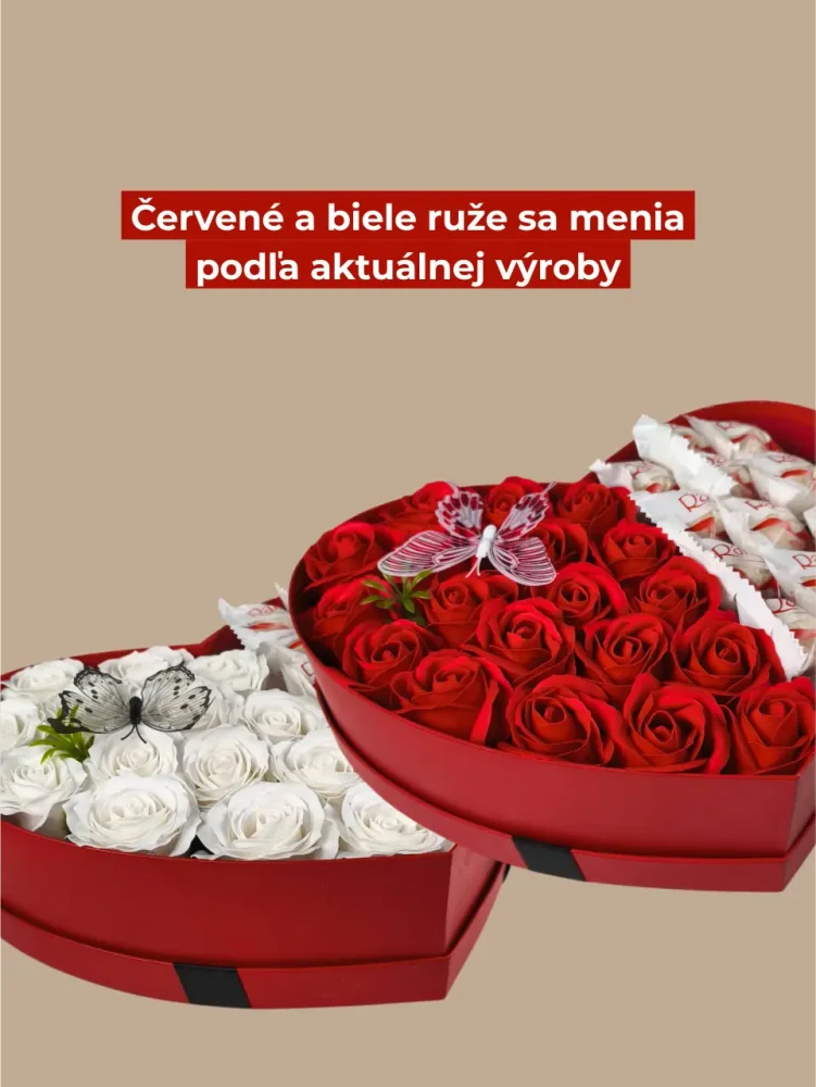 Srdiečkový darčekový box s mydlovými ružami a čokoládovými pralinkami Raffaello
