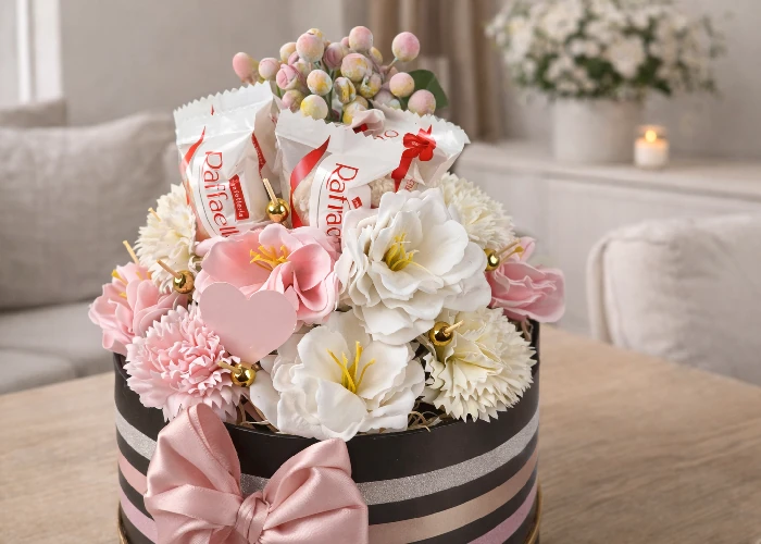 Okrúhly darčekový box s mydlovými kvetmi, dekorácia