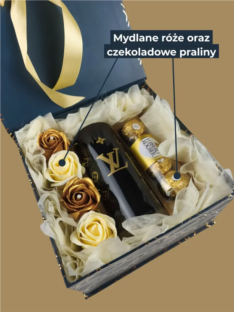 Zestaw prezentowy Louis Vuitton, szklany wazon, mydlane złote róże, czekoladowe praliny