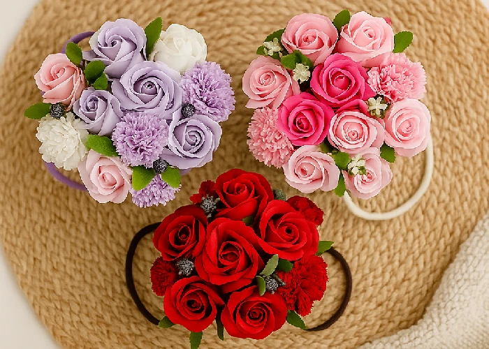 Mydlové kytice v darčekovom boxe, detail