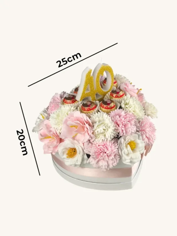 Narodeninový box s mydlovými kvetmi, čokoládovými pralinkami a číslami zo sviečok