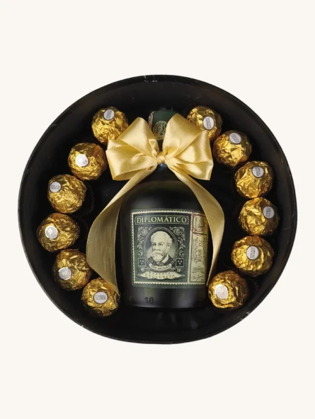 Darčekový box Diplomatico, fľaša s pralinkami, okrúhly box