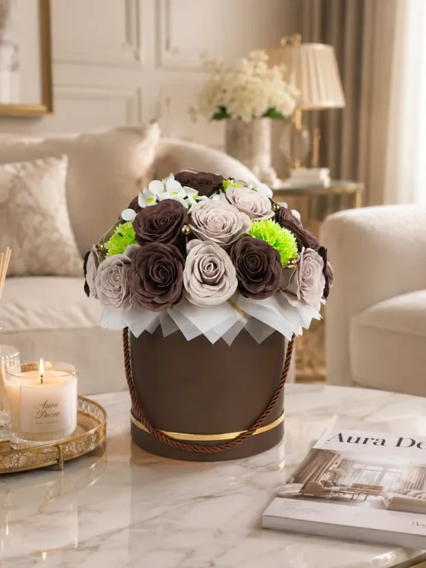 Veľký luxusný mydlový flower box Aura Decor, hnedý so zlatým lemom