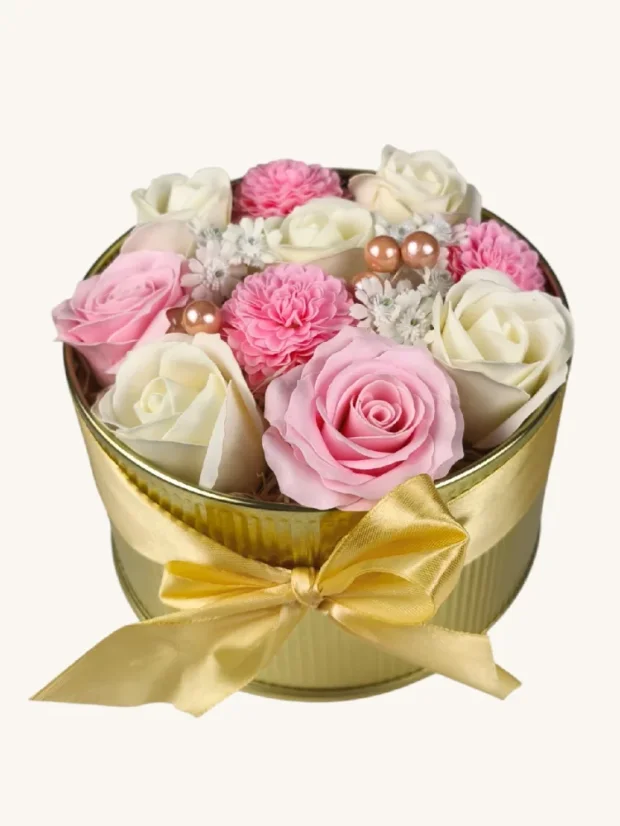 Anjelská nežnosť - mydlové kytice v darčekovom boxe, plechová dóza ø17x10cm, uzatvárateľná vekom