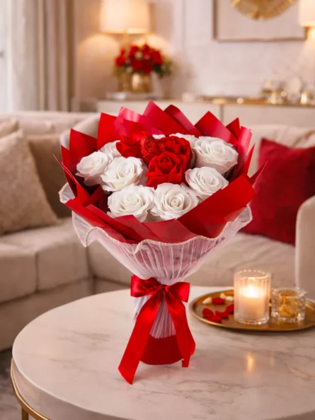 Luxusná mydlová kytica, elegantný dekór, bielo-červené farby