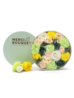 Mydlové kvety - okrúhly darčekový box, žltá a zelená