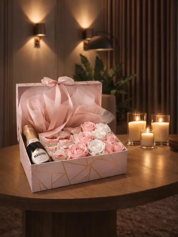Dárkový box kombinovaný s mýdlovými růžemi, pralinkami a sektem, obdélníkový box, bílo-růžová kombinace