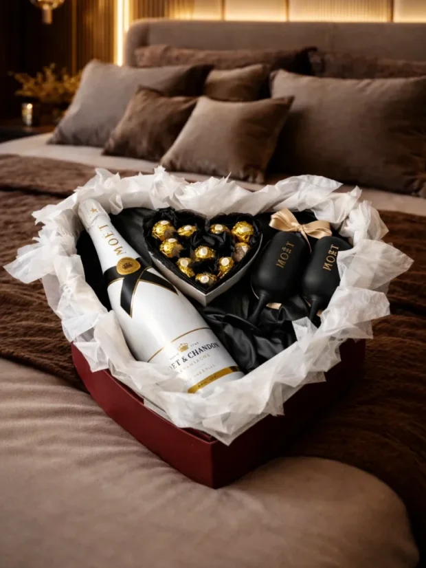 Darčekový box Moët, veľká fľaša + sklenené poháre, s pralinkami, čierno-zlatá kombinácia