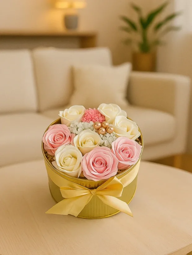 Anjelská nežnosť - mydlové kytice v darčekovom boxe, plechová dóza ø17x10cm, uzatvárateľná vekom