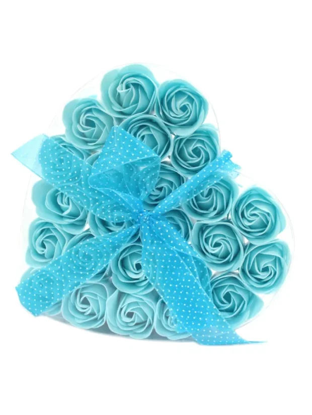 Darčeková sada mydlových kvetov, 24x ruža, tvar srdca, modrá