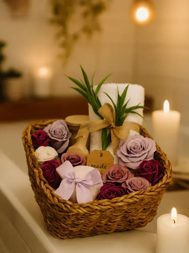 Wellness košík do kúpeľne, s mydlovými ružami, šumivou bombou a soľou do kúpeľa