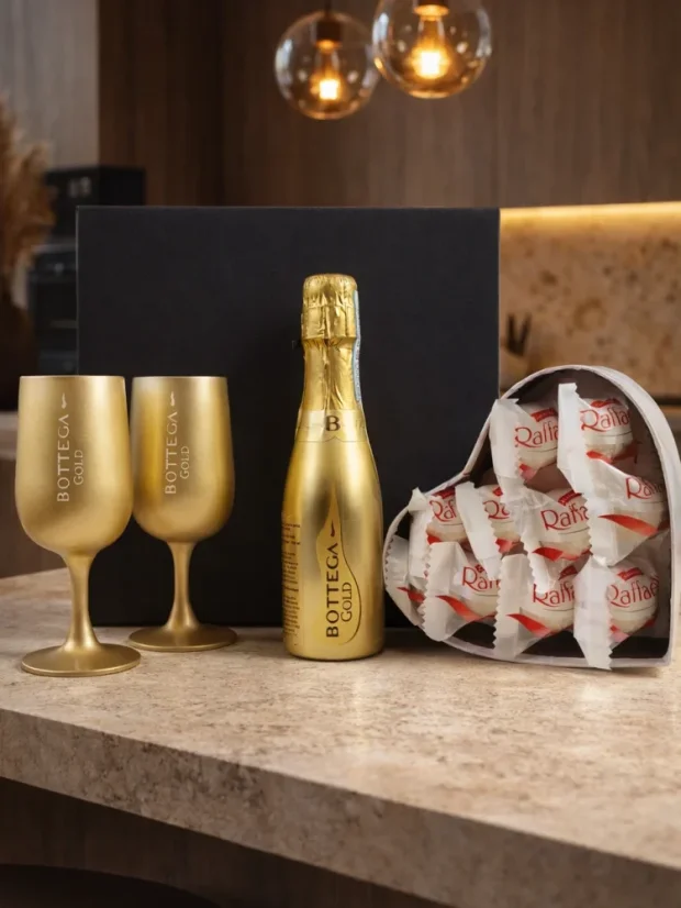 Darčekový box Bottega: zlatá fľaša + zlaté sklenené poháre, čokoládové pralinky Raffaello