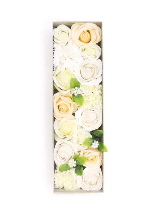 Mydlové kvety - dlhý darčekový box, biela ivory