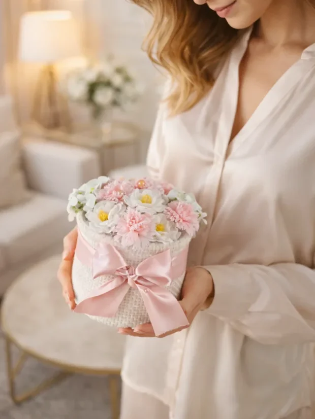 Darčekový set mydlových ruží, biely košík s ružovou stuhou