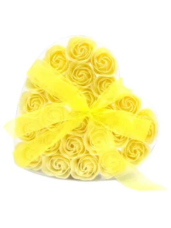 Darčeková sada mydlových kvetov, 24x ruža, tvar srdca, žltá