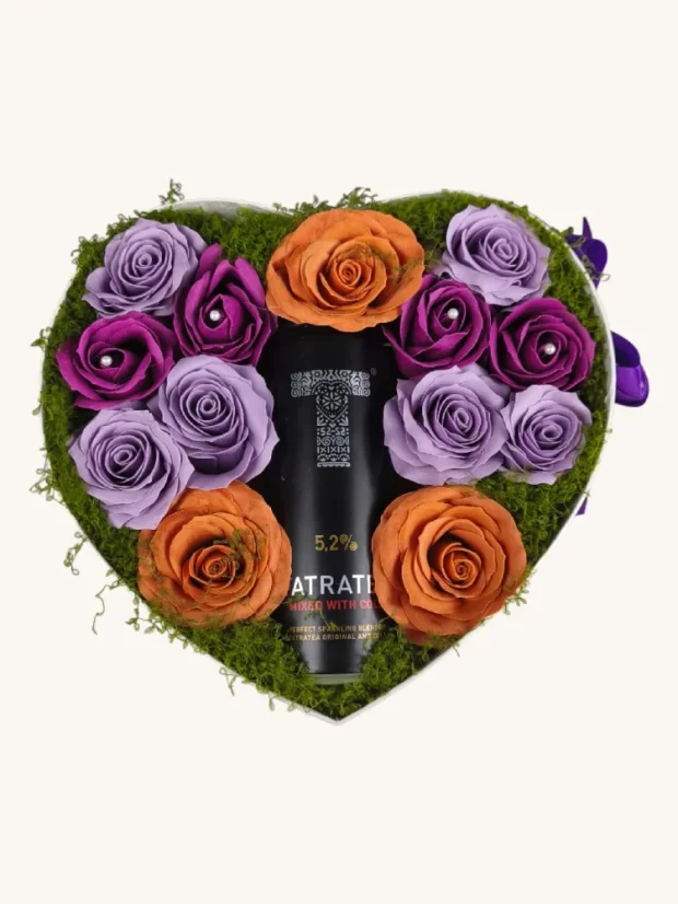 Darčekový box kombinovaný s mydlovými ružami a sektom, srdiečkový box, fialová kombinácia