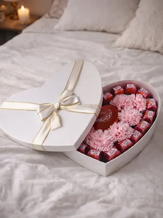 Darčekový box Lindt + Mon Cheri, srdiečkový box doplnený o mydlové kvety