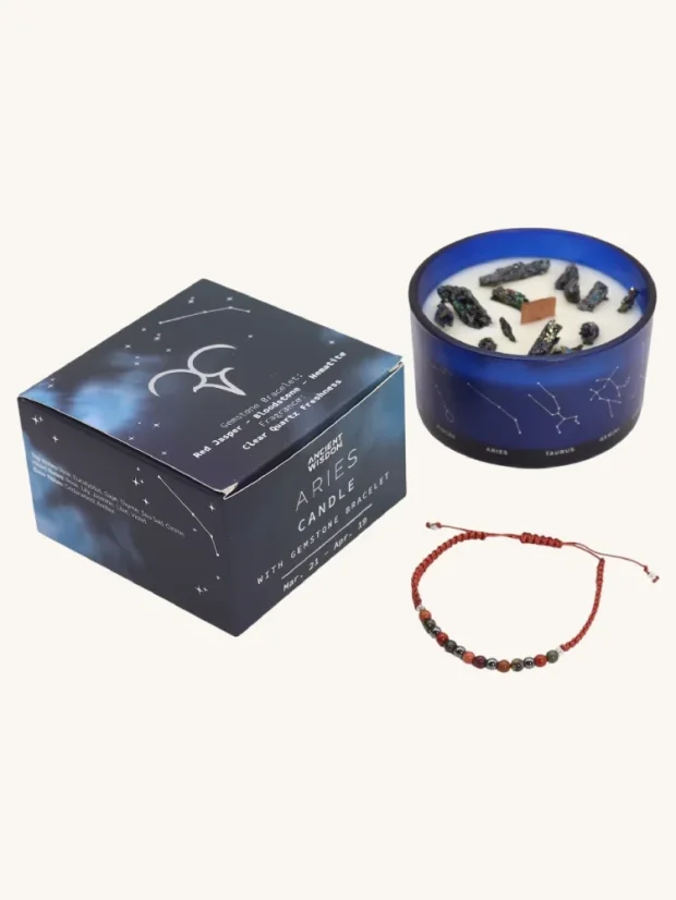 Baran - krištáľová sviečka s náramkom z drahokamov, 320g