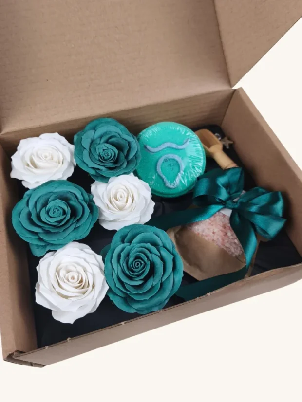 Býk - darčekový box s mydlovými kvetmi, šumivou bombou a soľou do kúpeľa