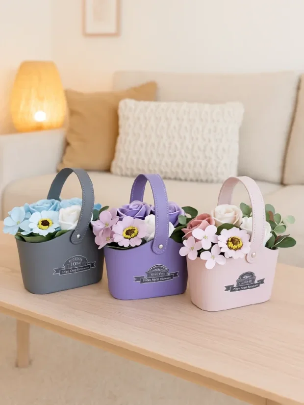 Malé mydlové kytice v košíku, krásny darček, fialové