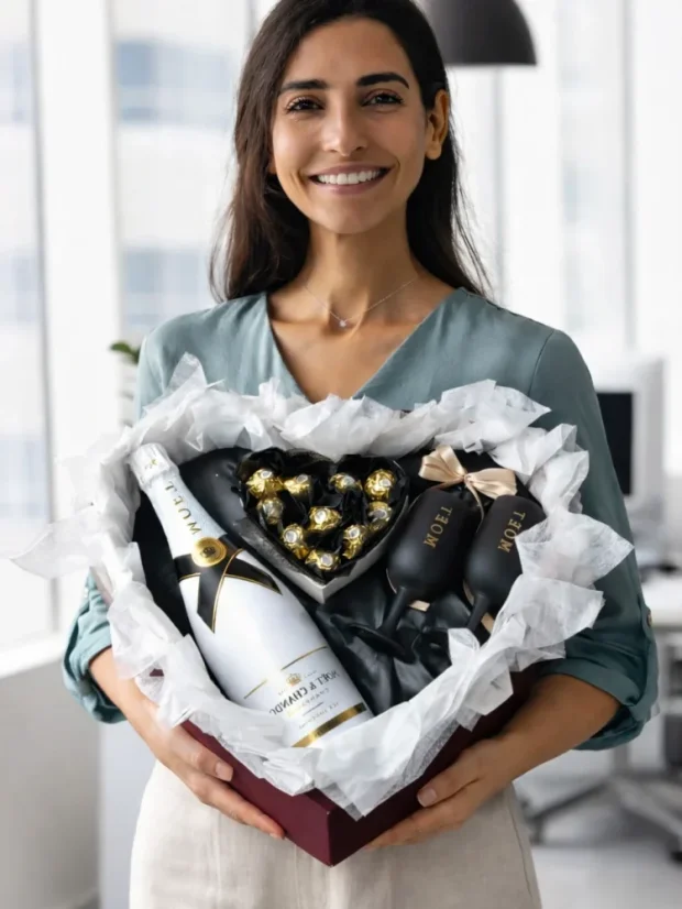 Darčekový box Moët, veľká fľaša + sklenené poháre, s pralinkami, čierno-zlatá kombinácia