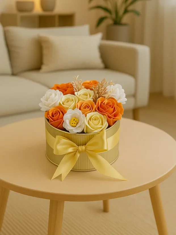 Jesenné objatie - mydlové kytice v darčekovom boxe, plechová dóza ø17x10cm, uzatvárateľná vekom