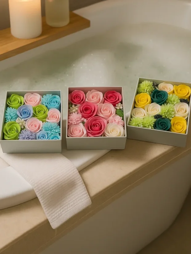 Mydlové kvety - štvorcový darčekový box, klasické ruže