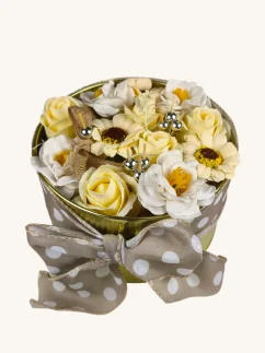 Iskra šťastia - mydlové kytice v darčekovom boxe, plechová dóza ø17x10cm, uzatvárateľná vekom