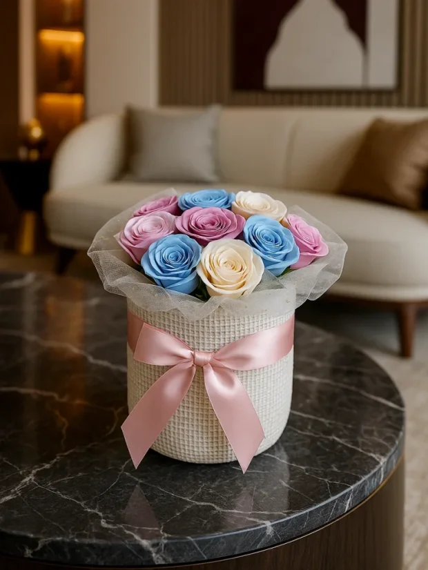 Luxusná kytica mydlových ruží, biely okrúhly košík, pastelové ruže