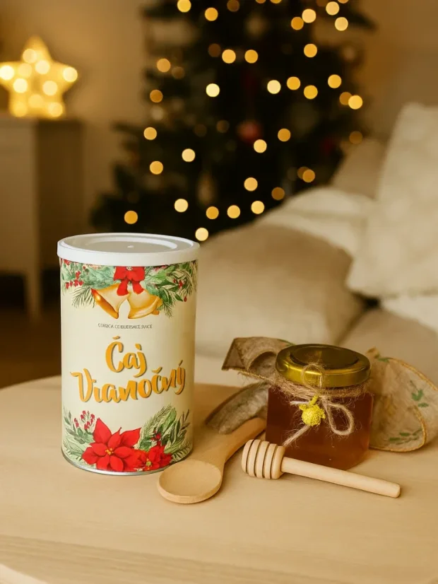 Vianočný box: sypaný čaj + med + lyžička a naberačka na med + darčeková taška - P00181: 3 boxy