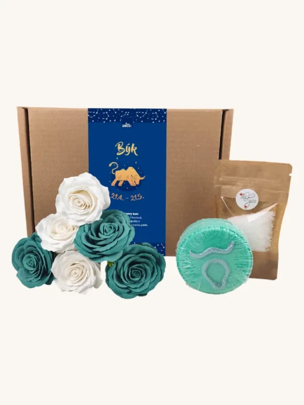 Býk - darčekový box s mydlovými kvetmi, šumivou bombou a soľou do kúpeľa