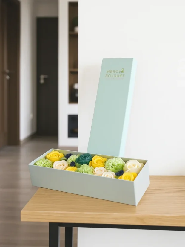 Mydlové kvety - dlhý darčekový box, biela ivory