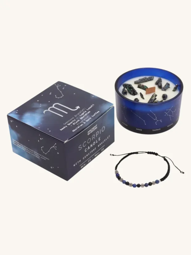 Škorpión - krištáľová sviečka s náramkom z drahokamov, 320g