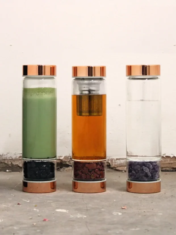 Luxusné sklenené fľaše na čaj, s komorou na kryštály, ružové zlato, odnímateľné sitko, 500m, Amethyst