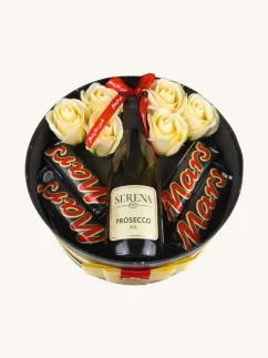 Darčekový box kombinovaný s mydlovými ružami, pralinkami a sektom, okrúhly box, čierno-žltá kombinácia