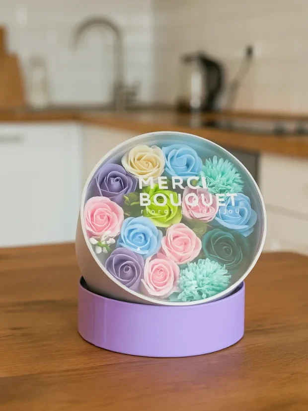 Mydlové kvety - okrúhly darčekový box, žltá a zelená
