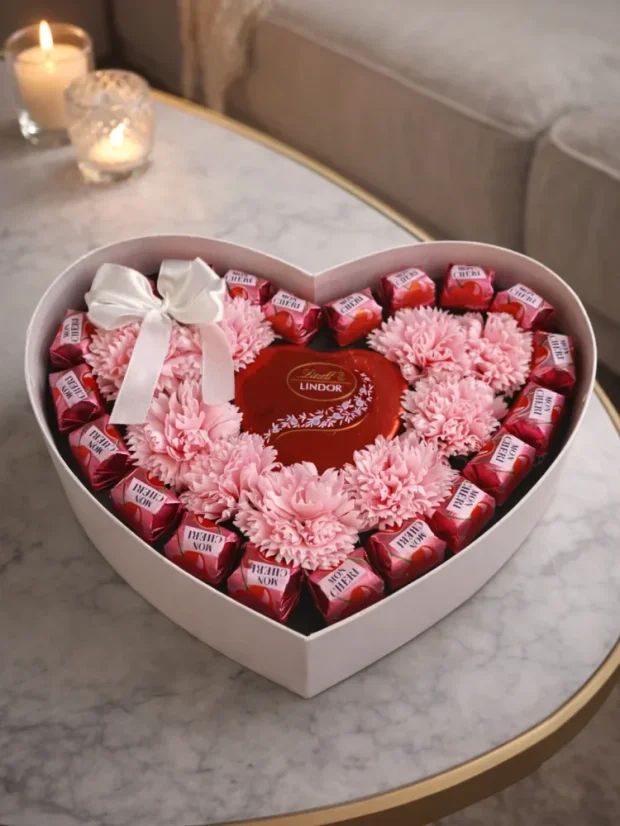 Dárkový box Lindt + Mon Cheri, srdíčkový box doplněný o mýdlové květiny