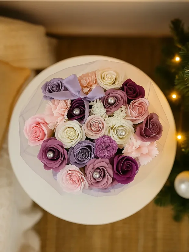 Mydlové kytice vo vianočnom boxe, extra veľkosť, 15 ruží, zelený box