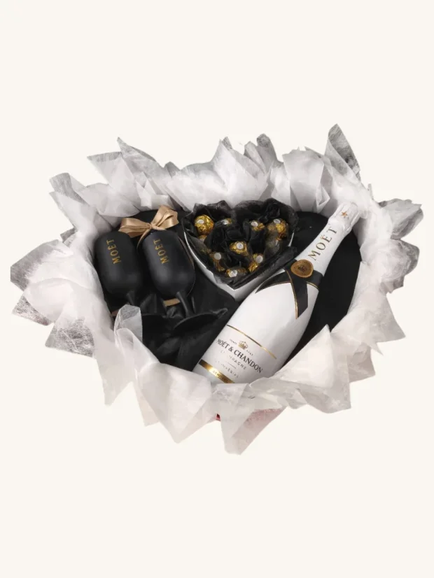 Darčekový box Moët, veľká fľaša + sklenené poháre, s pralinkami, čierno-zlatá kombinácia