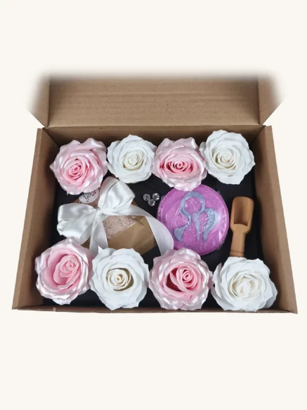 Panna - darčekový box s mydlovými kvetmi, šumivou bombou a soľou do kúpeľa
