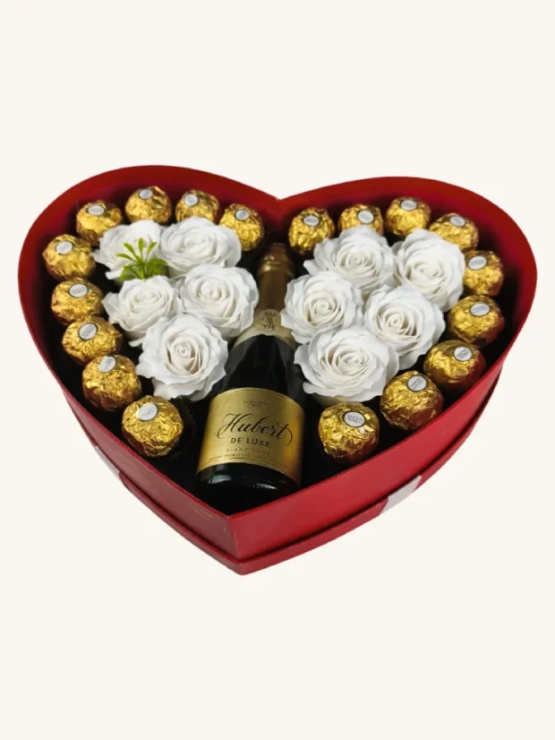 Srdiečkový darčekový box s mydlovými ružami, sektom a pralinkami, Ferrero Rocher, Hubert de Luxe