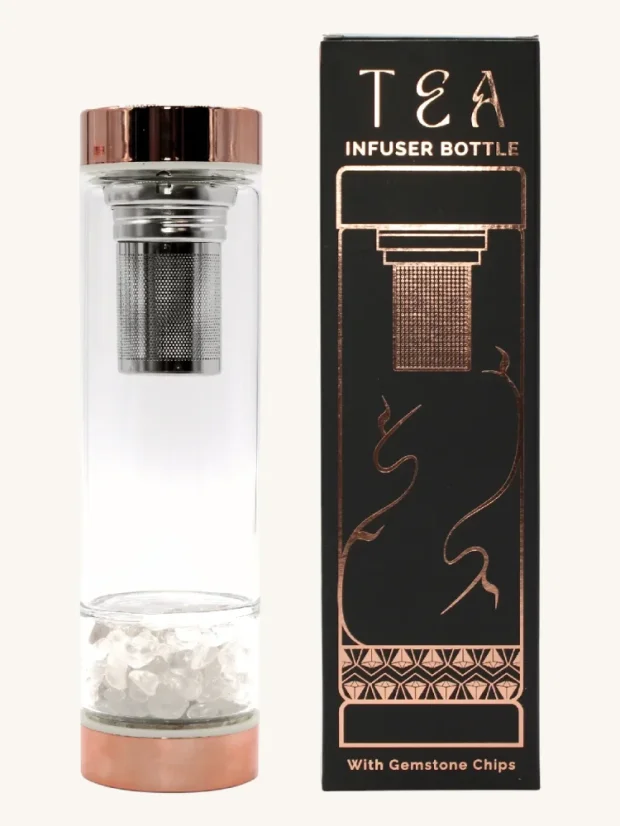 Luxusní skleněná láhev na čaj, s komorou na krystaly, růžové zlato, odnímatelné sítko, 500 ml, Křemen