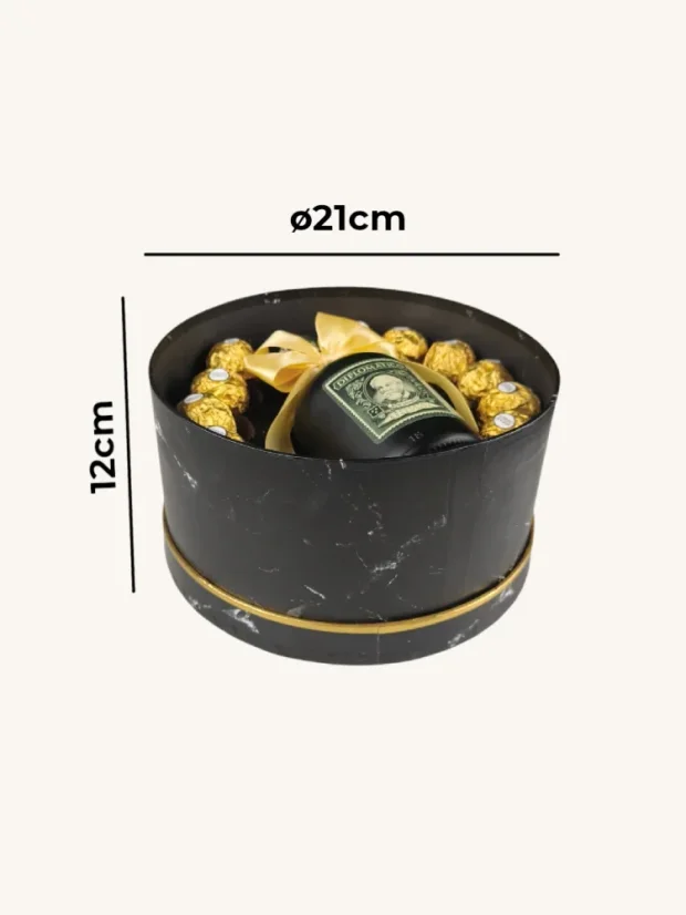 Darčekový box Diplomatico, fľaša s pralinkami, okrúhly box