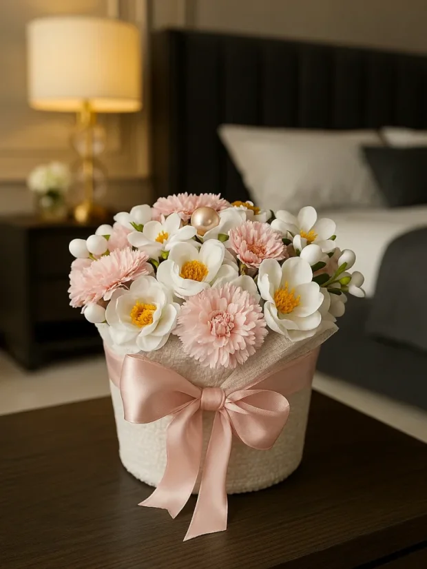 Darčekový set mydlových ruží, biely košík s ružovou stuhou