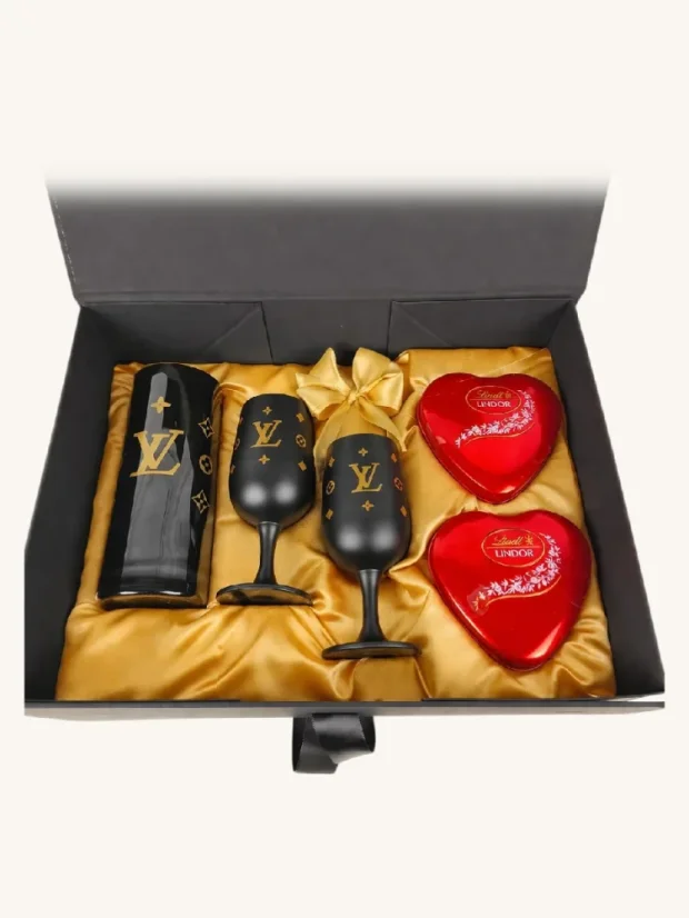 Dárkový box Louis Vuitton: skleněná váza, 2 sklenice a pralinky Lindor