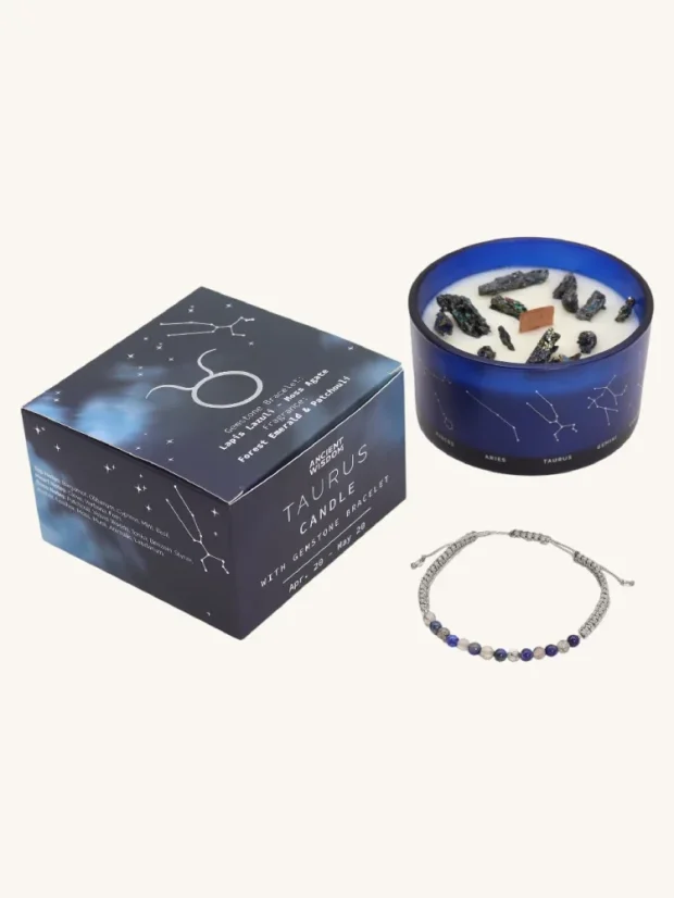 Býk - krištáľová sviečka s náramkom z drahokamov, 320g