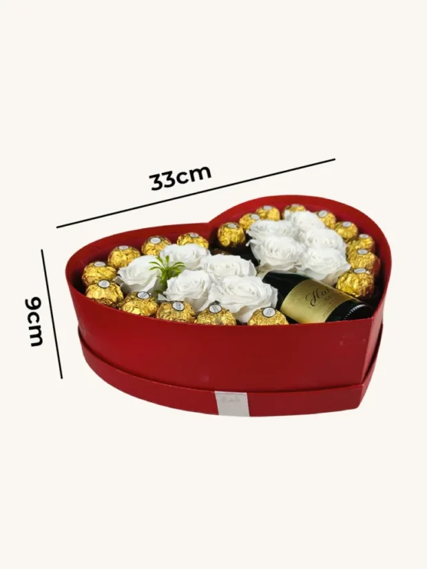 Srdiečkový darčekový box s mydlovými ružami, sektom a pralinkami, Ferrero Rocher, Hubert de Luxe