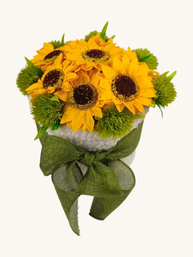 Darčekový set mydlových slnečníc, biely košík so zelenou stuhou