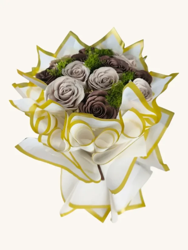 Luxusná mydlová kytica, honosný dekór, béžovo-hnedé farby